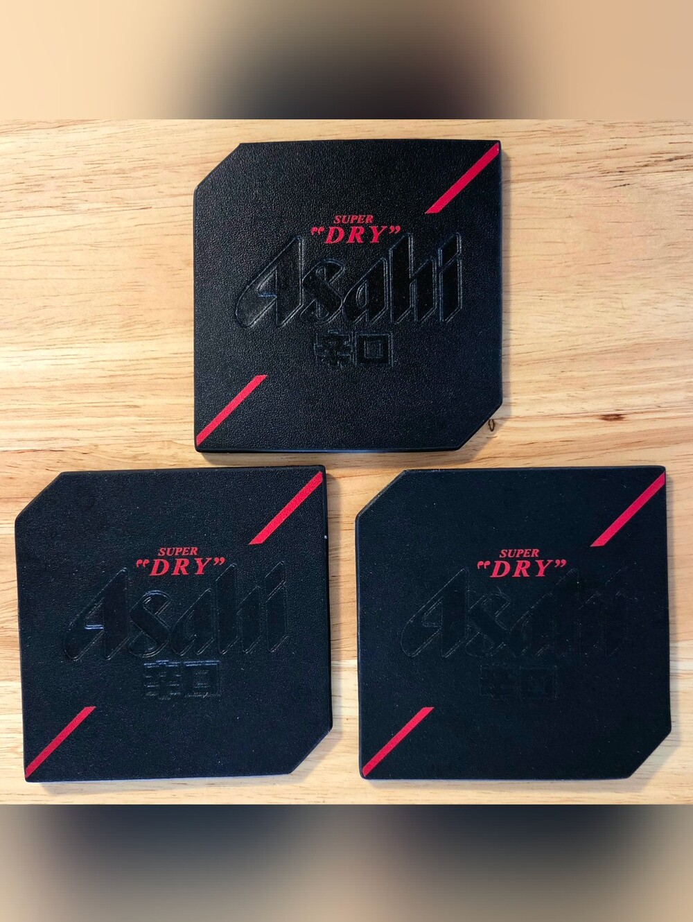 Lot Of 3 Asahi Pleather Coasters, 4" Square Beer Mats, Super Dry Japanese Beer
